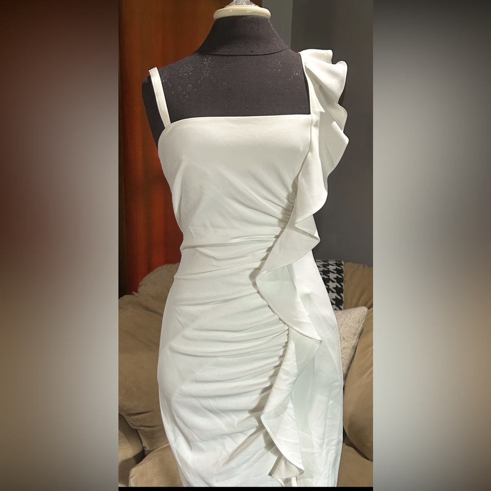 Guess One Shoulder White Dress with Ruffle **has a very light makeup spot-pic